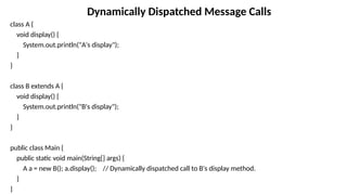 class A {
void display() {
System.out.println("A's display");
}
}
class B extends A {
void display() {
System.out.println("B's display");
}
}
public class Main {
public static void main(String[] args) {
A a = new B(); a.display(); // Dynamically dispatched call to B's display method.
}
}
Dynamically Dispatched Message Calls
 