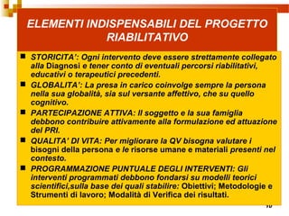 10
ELEMENTI INDISPENSABILI DEL PROGETTO
RIABILITATIVO
 STORICITA’: Ogni intervento deve essere strettamente collegato
alla Diagnosi e tener conto di eventuali percorsi riabilitativi,
educativi o terapeutici precedenti.
 GLOBALITA’: La presa in carico coinvolge sempre la persona
nella sua globalità, sia sul versante affettivo, che su quello
cognitivo.
 PARTECIPAZIONE ATTIVA: Il soggetto e la sua famiglia
debbono contribuire attivamente alla formulazione ed attuazione
del PRI.
 QUALITA’ DI VITA: Per migliorare la QV bisogna valutare i
bisogni della persona e le risorse umane e materiali presenti nel
contesto.
 PROGRAMMAZIONE PUNTUALE DEGLI INTERVENTI: Gli
interventi programmati debbono fondarsi su modelli teorici
scientifici,sulla base dei quali stabilire: Obiettivi; Metodologie e
Strumenti di lavoro; Modalità di Verifica dei risultati.
 