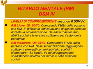 18
LIVELLI DI COMPROMISSIONE secondo il DSM IV:
 RM Lieve QI: 50/70. Comprende l’80% delle persone
con RM. E’ difficile la individuazione di queste persone
durante la scolarizzazione. Da adulti manifestano
abilità sociali e lavorative sufficienti per l’autonomia
personale.
 RM Moderato QI: 35/49. Comprende il 12% delle
persone con RM. Nella scolarizzazione raggiungono
sufficienti elementi comunicativi (liv. scol.di II
elementare). Se istruiti, da adulti raggiungono
soddisfacenti risultati nel lavoro e nelle relazioni
sociali.
RITARDO MENTALE (RM)
DSM IV
 
