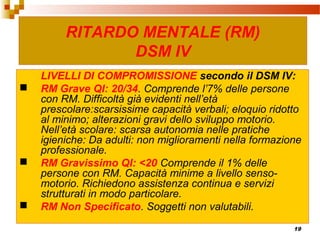 19
RITARDO MENTALE (RM)
DSM IV
LIVELLI DI COMPROMISSIONE secondo il DSM IV:
 RM Grave QI: 20/34. Comprende l’7% delle persone
con RM. Difficoltà già evidenti nell’età
prescolare:scarsissime capacità verbali; eloquio ridotto
al minimo; alterazioni gravi dello sviluppo motorio.
Nell’età scolare: scarsa autonomia nelle pratiche
igieniche: Da adulti: non miglioramenti nella formazione
professionale.
 RM Gravissimo QI: <20 Comprende il 1% delle
persone con RM. Capacità minime a livello senso-
motorio. Richiedono assistenza continua e servizi
strutturati in modo particolare.
 RM Non Specificato. Soggetti non valutabili.
 
