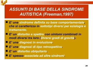 29
ASSUNTI DI BASE DELLA SINDROME
AUTISTICA (Freeman,1997)
 E’ una sindrome definita su base comportamentale,
che si caratterizza in sottotipi diversi per eziologia e
trattamento.
 E’ un disturbo a spettro con sintomi combinati in
modi diversi tra loro (Diversi gradi di gravità).
 E’ una diagnosi in evoluzione.
 E’ una diagnosi di tipo retrospettivo.
 E’ un disturbo ubiquitario.
 E’ spesso associata ad altre sindromi.
 