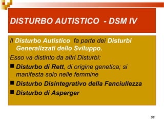 30
DISTURBO AUTISTICO - DSM IV
Il Disturbo Autistico fa parte dei Disturbi
Generalizzati dello Sviluppo.
Esso va distinto da altri Disturbi:
 Disturbo di Rett, di origine genetica; si
manifesta solo nelle femmine
 Disturbo Disintegrativo della Fanciullezza
 Disturbo di Asperger
 
