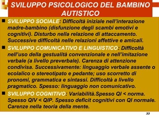 33
SVILUPPO PSICOLOGICO DEL BAMBINO
AUTISTICO
 SVILUPPO SOCIALE: Difficoltà iniziale nell’interazione
madre-bambino (disfunzione degli scambi emotivi e
cognitivi). Disturbo nella relazione di attaccamento.
Successive difficoltà nelle relazioni affettive e amicali.
 SVILUPPO COMUNICATIVO E LINGUISTICO: Difficoltà
nell’uso della gestualità convenzionale e nell’imitazione
verbale (a livello preverbale). Carenza di attenzione
condivisa. Successivamente: linguaggio verbale assente o
ecolalico o stereotipato e pedante; uso scorretto di
pronomi, grammatica e sintassi. Difficoltà a livello
pragmatico. Spesso: linguaggio non comunicativo.
 SVILUPPO COGNITIVO: Variabilità.Spesso QI < norma.
Spesso QIV < QIP. Spesso deficit cognitivi con QI normale.
Carenze nella teoria della mente.
 
