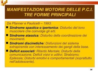 36
MANIFESTAZIONI MOTORIE DELLE P.C.I.
TRE FORME PRINCIPALI
Da Pfanner e Paulicelli – 1993:
 Sindrome spastica o ipertonica: Disturbo del tono
muscolare che coinvolge gli arti.
 Sindrome atassica: Disturbo della coordinazione dei
movimenti.
 Sindromi discinetiche: Disfunzioni del sistema
extrapiramile con interessamento dei gangli della base.
 Deficit associati: Ritardo Mentale; Disturbi della
comunicazione; Deficit visivi e uditivi; Strabismo;
Epilessia; Disturbi emotivi e comportamentali (soprattutto
nell’adolescente).
 