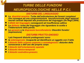 39
TURBE DELLE FUNZIONI
NEUROPSICOLOGICHE NELLE P.C.I.
DISTURBI DEL LINGUAGGIO
 Le disartrie/-anartrie: Turbe dell’articolazione dei fonemi complessi
che consegue ad una compromissione neurofunzionale degli apparati
neurali centrali deputati alla produzione del linguaggio (De Negri,2004).
 I difetti del linguaggio conseguenti ad insufficienza uditiva
 Le disfasie: turbe del linguaggio che riguardano la scelta e
l’elaborazione della parola.
 Le aprassie o le disprassie buccofonatoria: Disordini fonetici
(espressione)
DISTURBI PRATTO-GNOSICI
I più frequenti disturbi prattognosici sono:
 le astereognosie: incapacità ad identificare un oggetto con il tatto
 I disturbi dello schema corporeo o somatognosici: disturbo della
conoscenza o dell’uso del proprio corpo
 I disturbi dell’orientamento spaziale
 I disturbi ritmico-temporali
 I disturbi costruttivo-prassici.
 