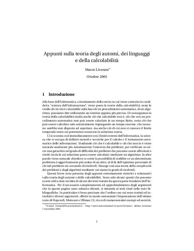 Appunti sulla teoria degli automi, dei linguaggi e della calcolabilità