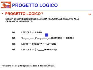 PROGETTO LOGICO
• PROGETTO LOGICO(*)                                                                    2/2

        ESEMPI DI ESPRESSIONI DELL’ALGEBRA RELAZIONALE RELATIVE ALLE
        OPERAZIONI INDIVIDUATE:




               Q1.        LETTORE ▷◁ LIBRO

               Q2.        πcognome, nome( σ data=[parametro_data]( LETTORE ▷◁ LIBRO))

               Q3.        LIBRO ▷◁ PRENOTA ▷◁ LETTORE

               Q4.        LETTORE ▷◁ ( πidLettore (PRENOTA))




(*)
      Porzione del progetto logico della base di dati BIBLIOTECA
 