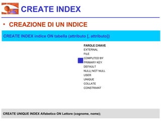 CREATE INDEX
• CREAZIONE DI UN INDICE
CREATE INDEX indice ON tabella (attributo [, attributo])

                                               PAROLE CHIAVE
                                               EXTERNAL
                                               FILE
                                               COMPUTED BY
                                               PRIMARY KEY
                                               DEFAULT
                                               NULL| NOT NULL
                                               USER
                                               UNIQUE
                                               COLLATE
                                               CONSTRAINT




CREATE UNIQUE INDEX Alfabetico ON Lettore (cognome, nome);
 