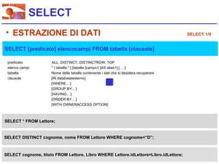 SELECT
• ESTRAZIONE DI DATI                                                                   SELECT 1/9


SELECT [predicato] elencocampi FROM tabella [clausole]

 predicato           ALL, DISTINCT, DISTINCTROW, TOP
 elenco campi        * | tabella.* | [tabella.]campo1 [AS alias1] [, ...]
 tabella             Nome della tabella contenente i dati che si desidera recuperare
 clausole            [IN databaseesterno]
                     [WHERE... ]
                     [GROUP BY... ]
                     [HAVING... ]
                     [ORDER BY... ]
                     [WITH OWNERACCESS OPTION]



SELECT * FROM Lettore;


SELECT DISTINCT cognome, nome FROM Lettore WHERE cognome<“D”;



SELECT cognome, titolo FROM Lettore, Libro WHERE Lettore.idLettore=Libro.idLettore;
 