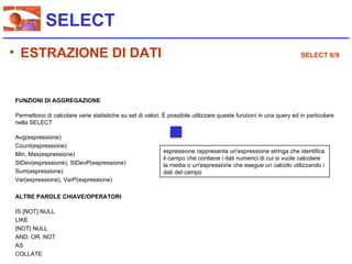 SELECT
• ESTRAZIONE DI DATI                                                                                               SELECT 6/9




FUNZIONI DI AGGREGAZIONE

Permettono di calcolare varie statistiche su set di valori. È possibile utilizzare queste funzioni in una query ed in particolare
nella SELECT

Avg(espressione)
Count(espressione)
                                                           espressione rappresenta un'espressione stringa che identifica
Min, Max(espressione)
                                                           il campo che contiene i dati numerici di cui si vuole calcolare
StDev(espressione), StDevP(espressione)                    la media o un'espressione che esegue un calcolo utilizzando i
Sum(espressione)                                           dati del campo
Var(espressione), VarP(espressione)

ALTRE PAROLE CHIAVE/OPERATORI

IS [NOT] NULL
LIKE
[NOT] NULL
AND, OR, NOT
AS
COLLATE
 