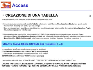 Access

 • CREAZIONE DI UNA TABELLA                                                                                                   1/2

In Microsoft ACCESS la creazione di una tabela può avvenire in più modi:

1. In maniera visuale; selezionare la cartella Tabelle; selezionare i tasti: Nuovo, Visualizzazione Struttura; a questo punto
   inserire i nomi dei campi ed i relativi tipi, uno per riga;
   Dopo aver selezionato il tasto Nuovo, sarebbe anche possibile optare per altre modalità di creazione (Visualizzazione Foglio
   dati, Autocomposizione Tabella ecc.)

2. In maniera manuale usando SQL (istruzione CREATE TABLE); per inserire l’istruzione selezionare la cartella Query;
   selezionare: Nuovo, Visualizzazione Struttura, Chiudi (per chiudere la finestra delle Tabelle); selezionare poi le voci di menu:
   Query|Specifica SQL|Definizione dati; nella finestra che appare si digita e si esegue l’istruzione. La sintassi è:


 CREATE TABLE tabella (attributo tipo [,clausole] [, ...])

La clausola per la definizione della chave primaria ha la sintassi:
CONSTRAINT nomedelvincolo PRIMARY KEY(campo [,campo])
La clausola per la definizione di un campo indicizzato ha la sintassi:
CONSTRAINT nomedelvincolo UNIQUE (campo [,campo])

I principali tipi utilizzabili sono: INTEGER, LONG, COUNTER, TEXT/STRING, DATA, FLOAT, OBJECT, ecc.

CREATE TABLE LETTORE(IdLettore COUNTER , Cognome STRING(20), Nome TEXT(20), Indirizzo
TEXT(30), Telefono TEXT(15), Tipo TEXT(1), CONSTRAINT Chiave PRIMARY KEY(Idlettore));
 
