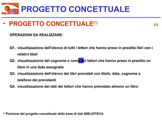 PROGETTO CONCETTUALE
• PROGETTO CONCETTUALE(*)                                                                            2/2


        OPERAZIONI DA REALIZZARE:


        Q1. visualizzazione dell’elenco di tutti i lettori che hanno preso in prestito libri con i
             relativi titoli
        Q2. visualizzazione del cognome e nome dei lettori che hanno preso in prestito un
             libro in una data assegnata
        Q3. visualizzazione dell’elenco dei libri prenotati con titolo, data, cognome e
             telefono dei prenotanti
        Q4. visualizzazione dei dati dei lettori che hanno prenotato almeno un libro




(*)
      Porzione del progetto concettuale della base di dati BIBLIOTECA
 