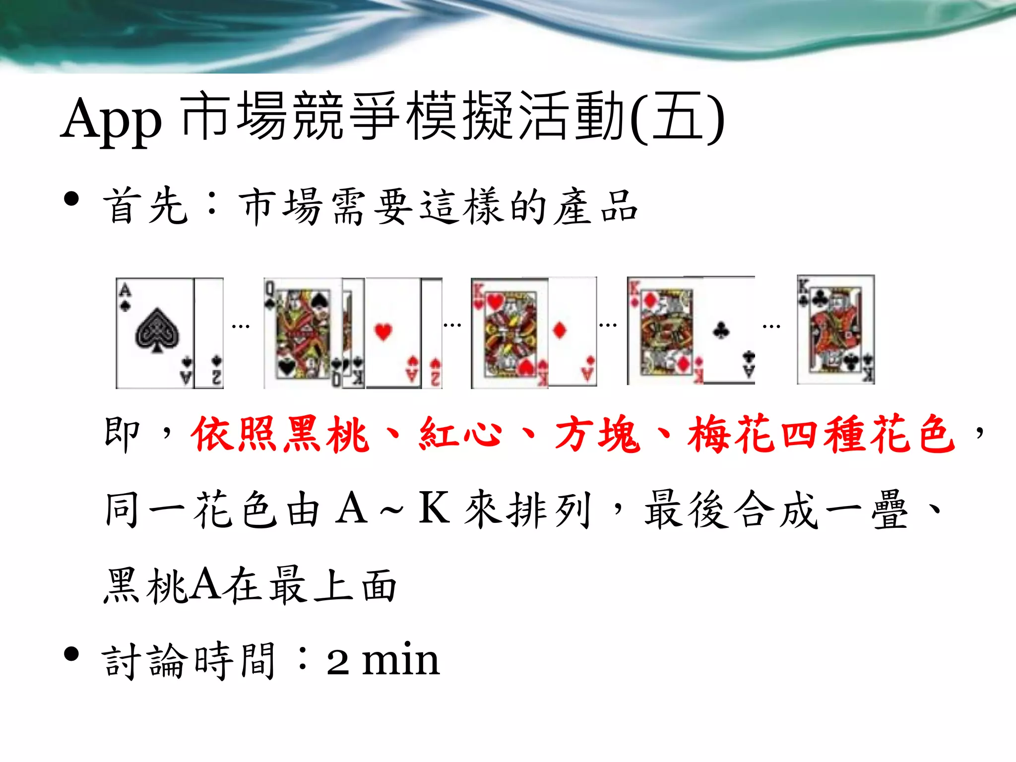 App 市場競爭模擬活動(五)
• 首先：市場需要這樣的產品
…

…

…

…

即，依照黑桃、紅心、方塊、梅花四種花色，

同一花色由 A ~ K 來排列，最後合成一疊、
黑桃A在最上面

• 討論時間：2 min

 