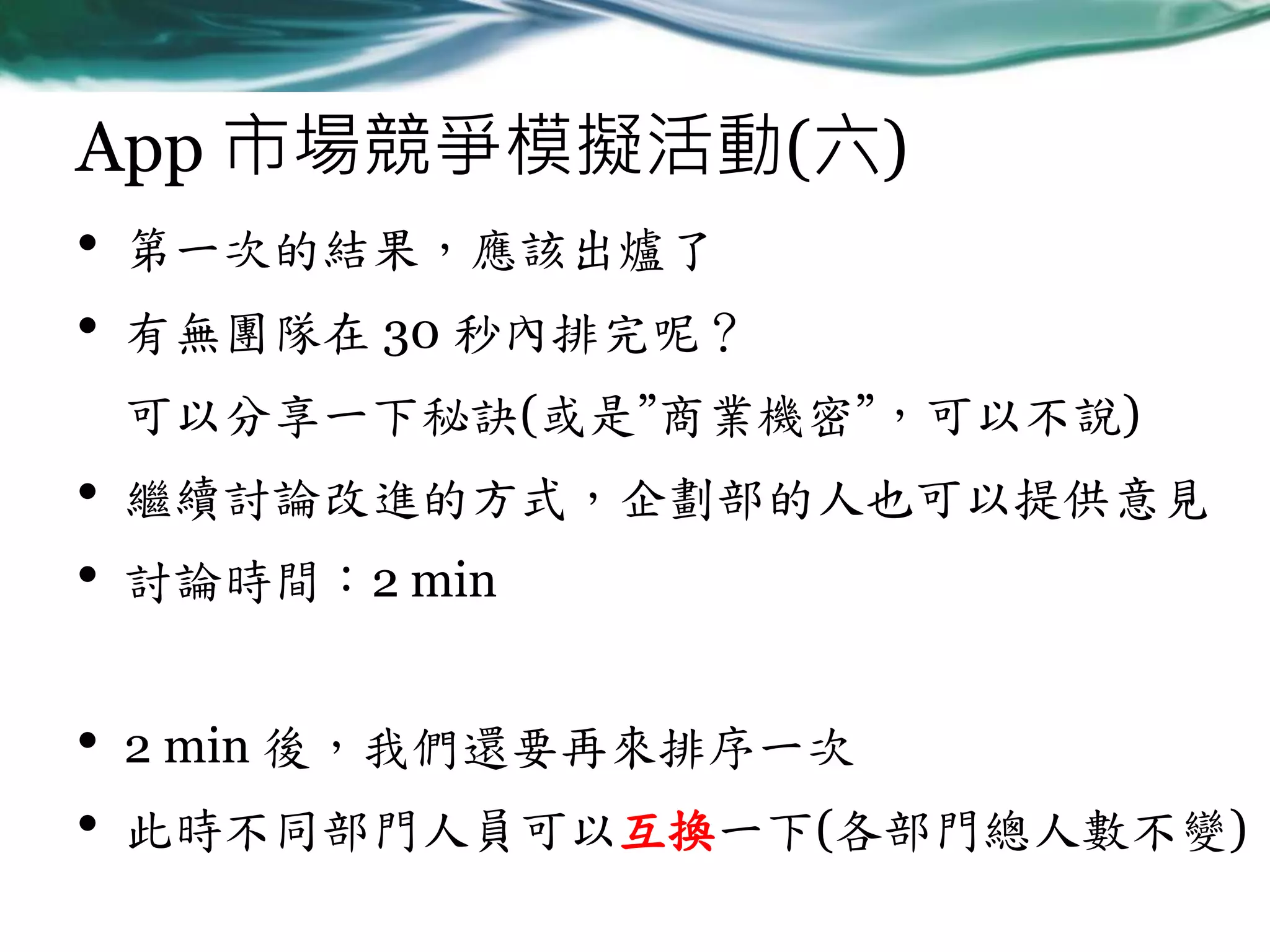 App 市場競爭模擬活動(六)
•
•

第一次的結果，應該出爐了
有無團隊在 30 秒內排完呢？
可以分享一下秘訣(或是”商業機密”，可以不說)

•
•

繼續討論改進的方式，企劃部的人也可以提供意見

•
•

2 min 後，我們還要再來排序一次

討論時間：2 min

此時不同部門人員可以互換一下(各部門總人數不變)

 