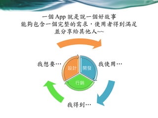一個 App 就是說一個好故事
能夠包含一個完整的需求，使用者得到滿足
並分享給其他人~~

我想要…

設計

開發

行銷

我得到…

我使用…

 