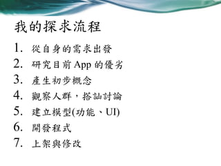 我的探求流程
1.
2.
3.
4.
5.
6.
7.

從自身的需求出發
研究目前 App 的優劣

產生初步概念
觀察人群，搭訕討論

建立模型(功能、UI)
開發程式
上架與修改

 