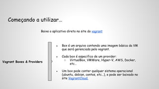 Começando a utilizar… 
Baixe o aplicativo direto no site do vagrant 
Vagrant Boxes & Providers 
● Box é um arquivo contendo uma imagem básica da VM 
que será gerenciada pelo vagrant. 
● Cada box é especifico de um provider: 
○ VirtualBox, VMWare, Hyper-V, AWS, Docker, 
etc… 
● Um box pode conter qualquer sistema operacional 
(ubuntu, debian, centos, etc…), e pode ser baixado no 
site VagrantCloud. 
 