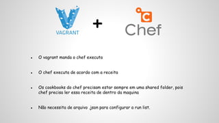 + 
● O vagrant manda o chef executa 
● O chef executa de acordo com a receita 
● Os cookbooks do chef precisam estar sempre em uma shared folder, pois 
chef precisa ler essa receita de dentro da maquina 
● Não necessita de arquivo .json para configurar a run list. 
 