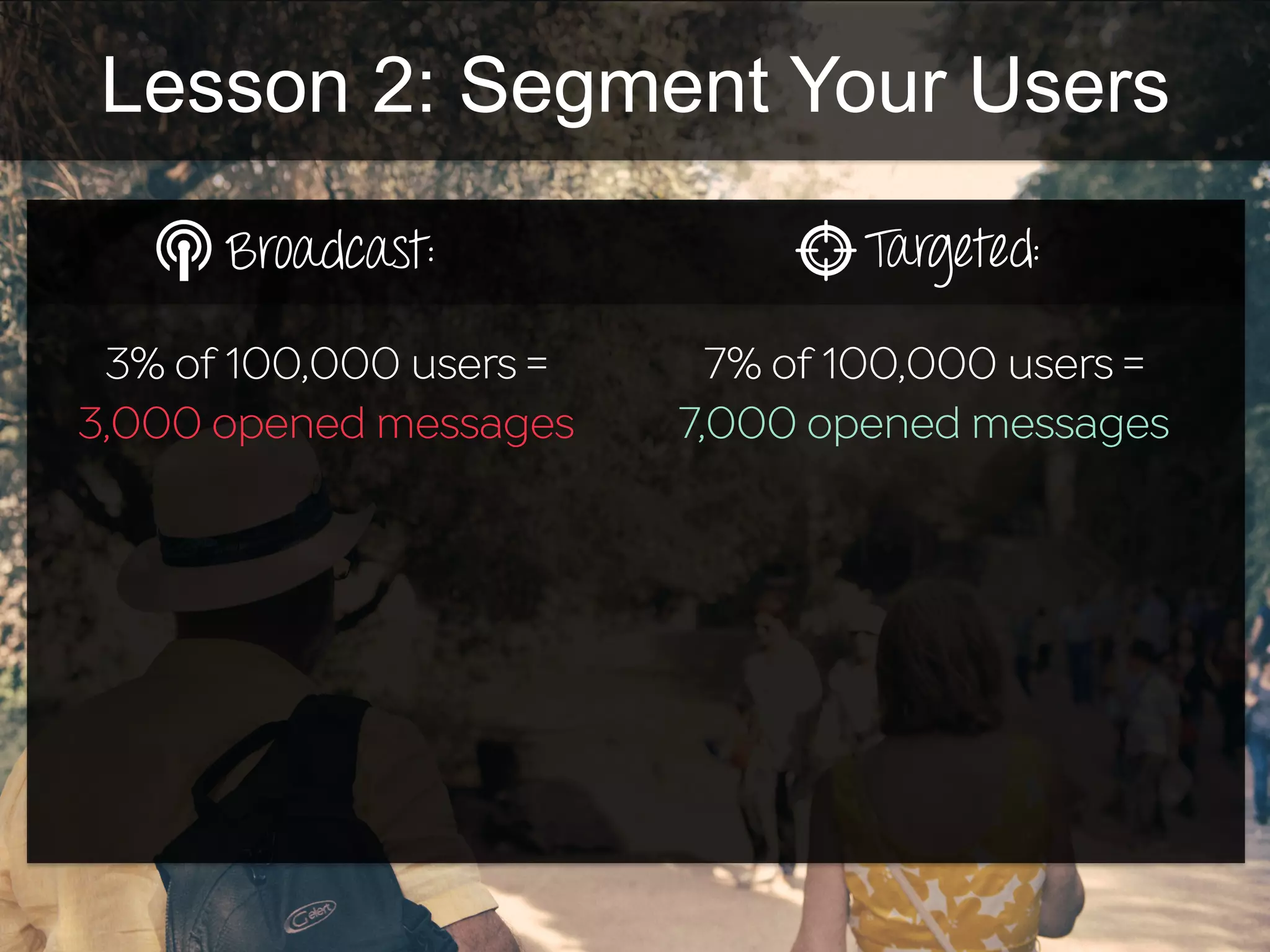 Lesson 2: Segment Your Users
Broadcast: Targeted:
3% of 100,000 users =
3,000 opened messages
7% of 100,000 users =
7,000 opened messages
 