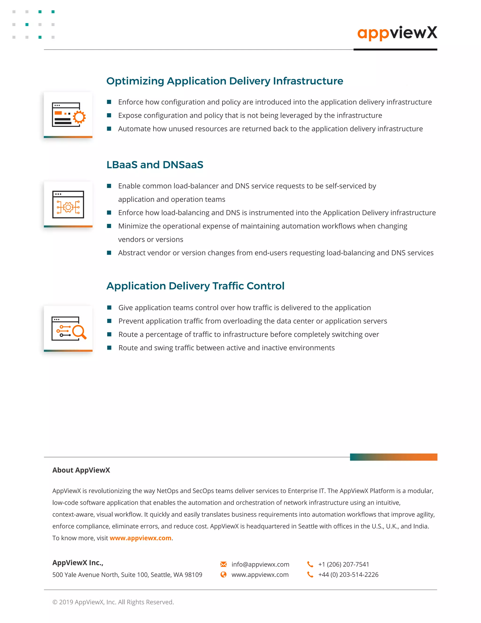 © 2019 AppViewX, Inc. All Rights Reserved.
AppViewX is revolutionizing the way NetOps and SecOps teams deliver services to Enterprise IT. The AppViewX Platform is a modular,
low-code software application that enables the automation and orchestration of network infrastructure using an intuitive,
context-aware, visual workﬂow. It quickly and easily translates business requirements into automation workﬂows that improve agility,
enforce compliance, eliminate errors, and reduce cost. AppViewX is headquartered in Seattle with oﬃces in the U.S., U.K., and India.
To know more, visit www.appviewx.com.
About AppViewX
 +1 (206) 207-7541
 +44 (0) 203-514-2226
✉ info@appviewx.com
 www.appviewx.com
AppViewX Inc.,
500 Yale Avenue North, Suite 100, Seattle, WA 98109
 Enforce how conﬁguration and policy are introduced into the application delivery infrastructure
 Expose conﬁguration and policy that is not being leveraged by the infrastructure
 Automate how unused resources are returned back to the application delivery infrastructure
Optimizing Application Delivery Infrastructure
 Enable common load-balancer and DNS service requests to be self-serviced by
application and operation teams
 Enforce how load-balancing and DNS is instrumented into the Application Delivery infrastructure
 Minimize the operational expense of maintaining automation workﬂows when changing
vendors or versions
 Abstract vendor or version changes from end-users requesting load-balancing and DNS services
LBaaS and DNSaaS
 Give application teams control over how traﬃc is delivered to the application
 Prevent application traﬃc from overloading the data center or application servers
 Route a percentage of traﬃc to infrastructure before completely switching over
 Route and swing traﬃc between active and inactive environments
Application Delivery Trafﬁc Control
 