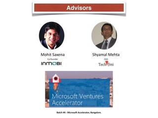 Advisors 
Mohit 
Saxena Shyamal 
Mehta 
Co-­‐founder CEO 
Batch 
#4 
-­‐ 
MicrosoF 
Accelerator, 
Bangalore. 
 