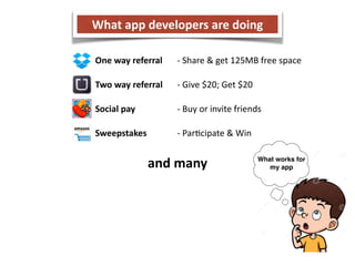 What 
app 
developers 
are 
doing 
One 
way 
referral 
-­‐ 
Share 
& 
get 
125MB 
free 
space 
Two 
way 
referral 
-­‐ 
Give 
$20; 
Get 
$20 
Social 
pay 
-­‐ 
Buy 
or 
invite 
friends 
Sweepstakes 
-­‐ 
ParCcipate 
& 
Win 
and 
many What works for 
my app 
 