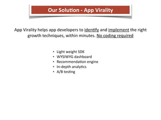 Our 
Solu5on 
-­‐ 
App 
Virality 
App 
Virality 
helps 
app 
developers 
to 
idenCfy 
and 
implement 
the 
right 
growth 
techniques, 
within 
minutes. 
No 
coding 
required 
• Light 
weight 
SDK 
• WYSIWYG 
dashboard 
• RecommendaCon 
engine 
• In-­‐depth 
analyCcs 
• A/B 
tesCng 
 
