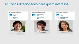 Anúncios direcionados para quem interessa 
JOBS YOU MAY BE INTERESTED IN 
Analista de TI 
Analista de TI 
Amazon 
JOBS YOU MAY BE INTERESTED IN 
Gerente Financeiro 
Linkedin 
Gerente de Finanças 
Gap Inc. 
JOBS YOU MAY BE INTERESTED IN 
Linkedin 
Bank of America 
Linkedin 
Account Executive 
Executivo de Contas 
 