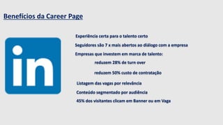 Benefícios da Career Page 
. 
Experiência certa para o talento certo 
Seguidores são 7 x mais abertos ao diálogo com a empresa 
Empresas que investem em marca de talento: 
reduzem 28% de turn over 
reduzem 50% custo de contratação 
Listagem das vagas por relevância 
Conteúdo segmentado por audiência 
45% dos visitantes clicam em Banner ou em Vaga 
 