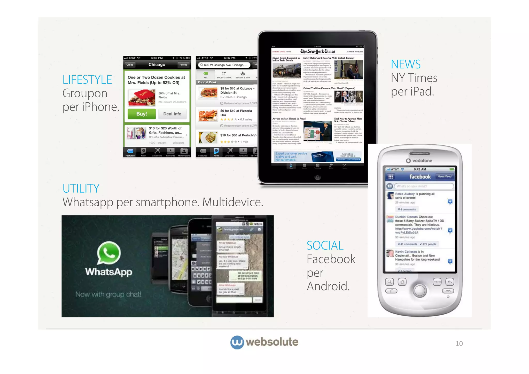 NEWS
LIFESTYLE                                          NY Times
Groupon                                            per iPad.
per iPhone.




UTILITY
Whatsapp per smartphone. Multidevice.


                                        SOCIAL
                                        Facebook
                                        per
                                        Android.



                                                               10
 