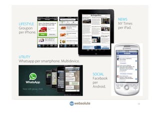 NEWS
LIFESTYLE                                          NY Times
Groupon                                            per iPad.
per iPhone.




UTILITY
Whatsapp per smartphone. Multidevice.


                                        SOCIAL
                                        Facebook
                                        per
                                        Android.



                                                               10
 
