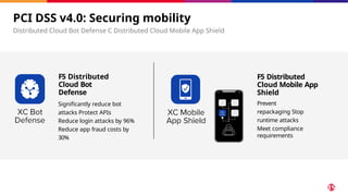 PCI DSS v4.0: Securing mobility
Distributed Cloud Bot Defense C Distributed Cloud Mobile App Shield
F5 Distributed
Cloud Bot
Defense
Significantly reduce bot
attacks Protect APIs
Reduce login attacks by 96%
Reduce app fraud costs by
30%
F5 Distributed
Cloud Mobile App
Shield
Prevent
repackaging Stop
runtime attacks
Meet compliance
requirements
 