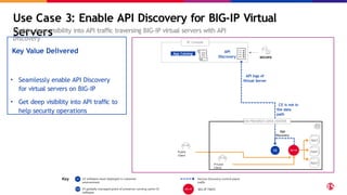 Use Case 3: Enable API Discovery for BIG-IP Virtual
Servers
Enable deep visibility into API traffic traversing BIG-IP virtual servers with API
Discovery
Public
Client
API
Discovery SECOPS
API logs of
Virtual Server
CE is not in
the data
path
App2
App1
App3
Private
Client
F5 globally managed point of presence running same CE
software
CE software stack deployed in customer
environment
Key
BIG-IP TMOS
Service Discovery control plane
traffic
App Catalog
XC Console
Key Value Delivered
• Seamlessly enable API Discovery
for virtual servers on BIG-IP
• Get deep visibility into API traffic to
help security operations
ON-PREMISES DATA CENTER
App
Discovery
 