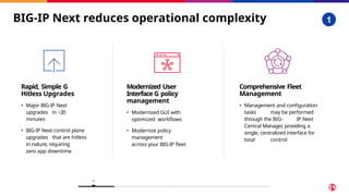 BIG-IP Next reduces operational complexity 1
1
Rapid, Simple G
Hitless Upgrades
• Major BIG-IP Next
upgrades in ~20
minutes
• BIG-IP Next control plane
upgrades that are hitless
in nature, requiring
zero app downtime
Modernized User
Interface G policy
management
• Modernized GUI with
optimized workflows
• Modernize policy
management
across your BIG-IP fleet
54 © 2025 F5
Comprehensive Fleet
Management
• Management and configuration
tasks may be performed
through the BIG- IP Next
Central Manager, providing a
single, centralized interface for
total control
 