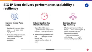 BIG-IP Next delivers performance, scalability s
resiliency
4
4
Superior Control Plane
Scale
• Significantly improved object
scale for larger scale
deployments
• Dedicated compute resources
ensures control plane
performance and
availability
Industry-Leading Data
Plane Performance
• Unparalleled data plane
performance C scale carried
forward from BIG-IP TMOS
• Massive throughput with ultra-
low latency to provide
optimal app
experiences for millions of
users
57 © 2025 F5
Seamless Global
App Resiliency
• Effortlessly implement Global
Server Load Balancing (GSLB)
within any multi-site app
deployment, providing
maximum application
redundancy with
minimal configuration effort
 