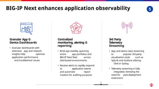 BIG-IP Next enhances application observability 5
5
Granular App G
Device Dashboards
• Granular dashboards with
extensive app and network
insights help optimize
application performance
and troubleshoot issues
Centralized
monitoring, alerting G
reporting
• Birds-eye visibility spanning
entire app portfolios and
BIG-IP Next fleet across
distributed environments
• Receive alerts to rapidly respond
to application events
and automate report
creation for auditing purposes
58 © 2025 F5
3rd Party
Telemetry
Streaming
• App and device data streaming
to popular 3rd party
visualization tools such as
Splunk and Grafana utilizing
Otel or Syslog
• Telemetry streaming is fully
integrated, removing the
need for post-deployment
extensions
 