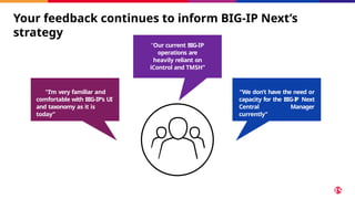 Your feedback continues to inform BIG-IP Next’s
strategy
“I’m very familiar and
comfortable with BIG-IP’s UI
and taxonomy as it is
today”
“Our current BIG-IP
operations are
heavily reliant on
iControl and TMSH”
“We don’t have the need or
capacity for the BIG-I
P Next
Central Manager
currently”
 