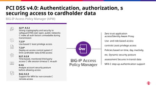 PCI DSS v4.0: Authentication, authorization, s
securing access to cardholder data
BIG-IP Access Policy Manager (APM)
Zero trust application
access/Identity Aware Proxy
Use- and role-based access
controls Least privilege access
Policies based on time, day, inactivity,
etc. Dynamic security posture
assessment Secures in-transit data
MFA C step-up authentication support
4.2.1*, 8.3.2
Strong cryptography and security to
safeguard PAN over open, public networks
C make all auth factors unreadable during
transmission
7.2.5*
Use-based C least privilege access
7.2.6*
Deploy an access control system C
limit cardholder data (CHD) access
8.2.7, 8.2.8
Time-based, monitored third-party
access C idle session timeout C re-auth
8.3.G
Analyze account security posture
before allowing access
8.4.2, 8.4.3
Support for MFA for non-console C
remote access
 