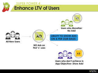 SUPER POWER 4
       Enhance LTV of Users


                                           Users who Monetize:
                                                 No Ads!

                     AD            ABILITY TO SHOW ADS
                                   ON A PER USER BASIS
All New Users
                  NO Ads on
                  First ‘x’ uses




                                      Users who don’t achieve in
                                      App Objective– Show Ads!
 