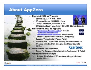 About AppZero
                •     Founded 2004 as Trigence
                        –     Solaris 2.6, 2.7, 8, 9 10 – Now
                        –     Windows Server 2003/2008 - Now
                        –     Linux – Beta Now, Available 4Q09
                        –     Offices: Andover, MA, Jersey City, NJ, Ottawa, Canada
                •     Relaunched 2009 as AppZero
                                 “Best Business ApplicationAppZero” – Demo09
                                 “My Favorite Demo 09 Products “
                                 Don Dodge on The Next Big Thing – “Best of Demo 09”
                        –     Gartner: Cool Vendors in Cloud Computing
                        –     Syscon: Virtualization Power Panel
                        –     Webinar with CCI/GoGrid: Moving SAP into the cloud…
                        –     Webcast with Gartner: Bringing the Cloud down to
                              Earth..
                •     Worldwide Customer base
                        – Telco, Fin Services, Manufacturing, Technology & Retail
                •     Worldwide Partnerships
                        – HP, Sun, AtosOrigin, EDS, Amazon, Gogrid, Gotham,
                          Hynote, HiLn…

4
          Copyright © 2007 - 2009 HyNote Enterprise Solutions, LLC All rights reserved.
 