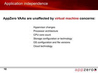 Application independence


AppZero VAAs are unaffected by virtual machine concerns:

                  •
                      Hypervisor changes
                  •
                      Processor architecture
                  •
                      CPU core count
                  •
                      Storage configuration or technology
                  •
                      OS configuration and file versions
                  •
                      Cloud technology




•
    10
 