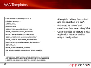 VAA Templates


     <?xml version="1.0" encoding="UTF-8" ?>                        •
                                                                        A template defines the content
     - <AppZero version="7">
                                                                        and configuration of a VAA
     - <APPLIANCE>

     - <PROPERTIES>
                                                                    •
                                                                        Produced as part of VAA
     <DESCRIPTION>ApacheDS</DESCRIPTION>                                creation or from an existing VAA
     <BOOT_AUTODOCK>N</BOOT_AUTODOCK>                               •
                                                                        Can be reused to capture a new
     <BOOT_STARTMENU>Y</BOOT_STARTMENU>                                 application instance and its
     <DOCK_AUTOSTARTUP>N</DOCK_AUTOSTARTUP>                             unique configuration
     <DOCK_AUTOPUBLISH>N</DOCK_AUTOPUBLISH>

     <UNDOCK_AUTOUPDATE>N</UNDOCK_AUTOUPDATE>

     <DEFAULT_APP />

     <SHOW_SCRIPTS>N</SHOW_SCRIPTS>

     <HW_SERIAL_NUMBER>7826DB5A</HW_SERIAL_NUMBER>

     - <!--


     <NETWORK_ID><DESTINATION>NATIVE</DESTINATION><IP_ADDRESS
     >192.168.0.126</IP_ADDRESS><GATEWAY>192.168.0.1</GATEWAY><DN
     S_SERVER>192.168.0.1</DNS_SERVER><SUBNET_MASK>0.0.0.0</


•
    13
 