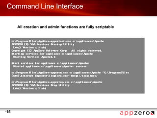 Command Line Interface

             All creation and admin functions are fully scriptable


         c:  Program Fi l es A ppZero>appzst art . exe c:  appl i ances Apache
         A PPZER (R V A Servi ces St art up U i l i t y
                  O    ) A                         t
           (x64) V   ersi on 4. 7 x64
         Copyri ght (C) A    ppZero Sof t ware Corp.   A l ri ght s reserved.
                                                          l
         St art i ng servi ces f or appl i ance c:  appl i ances A pache
           St art i ng Servi ce: A pache2. 2

         St art servi ces f or appl i ance c:  appl i ances Apache:
           St art ed appl i ance c:  appl i ances Apache: success

         c:  Program Fi l es AppZero>appzrun. exe c:  appl i ances A   pache "C:  Program Fi l es
         (x86) I nt ernet Expl orer i expl ore. exe" ht tp: / / l ocal host /

         c:  Program Fi l es AppZero>appzst op. exe c: appl i ances Apache
         A PPZER (R V A Servi ces St op U i l i t y
                 O   ) A                      t
           (x64) V ersi on 4. 7 x64




•
    15
 
