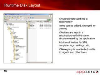 Runtime Disk Layout


                          •
                              VAA uncompressed into a
                              subdirectory
                          •
                              Items can be added, changed or
                              deleted
                          •
                              VAA files are kept in a
                              subdirectory with the same
                              structure used by the application
                          •
                              Additional folders for XML
                              template, logs, settings, etc.
                          •
                              VAA registry is in a file but visible
                              to regedit and other tools




•
    16
 