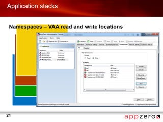 Application stacks


     Namespaces – VAA read and write locations




•
    21
 