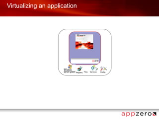 Virtualizing an application




                          Registry Files   Services   Config
 
