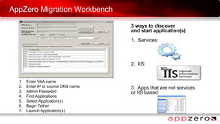 3 ways to discover
and start application(s)
1. Services:
2. IIS:
3. Apps that are not services
or IIS based:
AppZero Migration Workbench
1. Enter VAA name
2. Enter IP or source DNS name
3. Admin Password
4. Find Applications
5. Select Application(s)
6. Begin Tether
7. Launch Application(s)
 