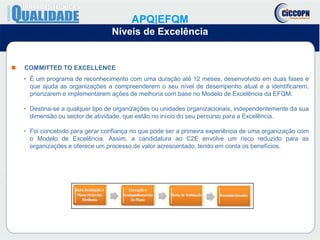  COMMITTED TO EXCELLENCE
• É um programa de reconhecimento com uma duração até 12 meses, desenvolvido em duas fases e
que ajuda as organizações a compreenderem o seu nível de desempenho atual e a identificarem,
priorizarem e implementarem ações de melhoria com base no Modelo de Excelência da EFQM.
• Destina-se a qualquer tipo de organizações ou unidades organizacionais, independentemente da sua
dimensão ou sector de atividade, que estão no início do seu percurso para a Excelência.
• Foi concebido para gerar confiança no que pode ser a primeira experiência de uma organização com
o Modelo de Excelência. Assim, a candidatura ao C2E envolve um risco reduzido para as
organizações e oferece um processo de valor acrescentado, tendo em conta os benefícios.
APQ|EFQM
Níveis de Excelência
 