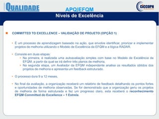  COMMITTED TO EXCELLENCE – VALIDAÇÃO DE PROJETO (OPÇÃO 1)
• É um processo de aprendizagem baseado na ação, que envolve identificar, priorizar e implementar
projetos de melhoria utilizando o Modelo de Excelência da EFQM e a lógica RADAR.
• Consiste em duas etapas:
• Na primeira, é realizada uma autoavaliação simples com base no Modelo de Excelência da
EFQM, a partir da qual se irá definir três planos de melhoria.
• Na segunda etapa, um Avaliador da EFQM independente analisa os resultados obtidos dos
projetos de melhoria e apresenta um feedback estruturado.
• O processo dura 9 a 12 meses.
• No final da avaliação, a organização receberá um relatório de feedback detalhando os pontos fortes
e oportunidades de melhoria observadas. Se for demonstrado que a organização geriu os projetos
de melhoria de forma estruturada e fez um progresso claro, esta receberá o reconhecimento
EFQM Committed do Excellence – 1 Estrela.
APQ|EFQM
Níveis de Excelência
 