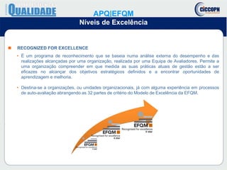  RECOGNIZED FOR EXCELLENCE
• É um programa de reconhecimento que se baseia numa análise externa do desempenho e das
realizações alcançadas por uma organização, realizada por uma Equipa de Avaliadores. Permite a
uma organização compreender em que medida as suas práticas atuais de gestão estão a ser
eficazes no alcançar dos objetivos estratégicos definidos e a encontrar oportunidades de
aprendizagem e melhoria.
• Destina-se a organizações, ou unidades organizacionais, já com alguma experiência em processos
de auto-avaliação abrangendo as 32 partes de critério do Modelo de Excelência da EFQM.
APQ|EFQM
Níveis de Excelência
 